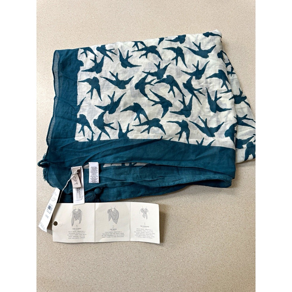 LOFT Cotton Modal Square Scarf Blue Teal Ivory Bird Print Tassels for Women
